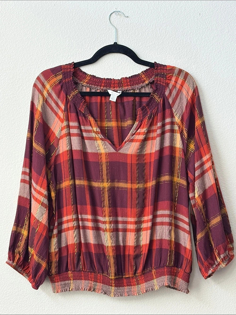EST. 1946 Plaid V-Neck Blouse in Warm Fall Colors Rust Orange & Deep Purple Size